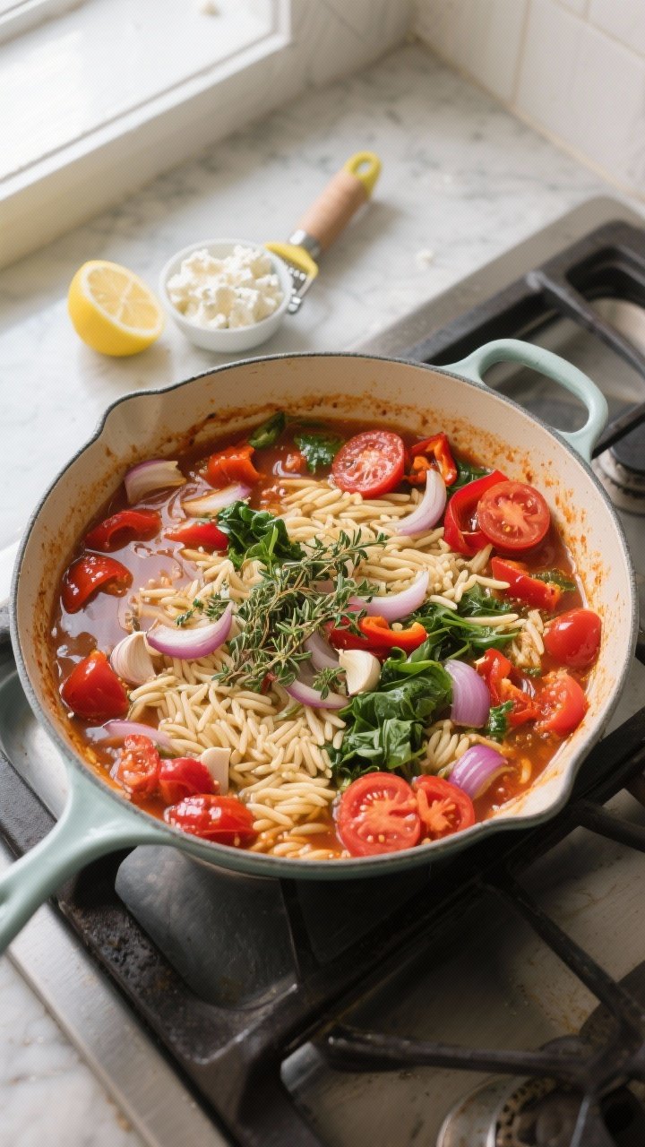 Cooking process: Overhead shot of the simmering stovetop stage before baking—sautéed onion, garli