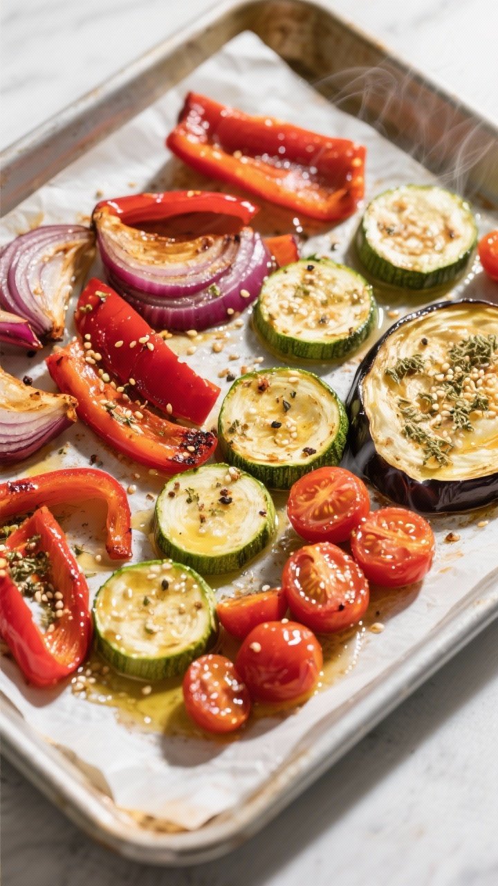 Cooking process — Roasted vegetables mid-bake: Overhead shot of a parchment-lined sheet pan at 425