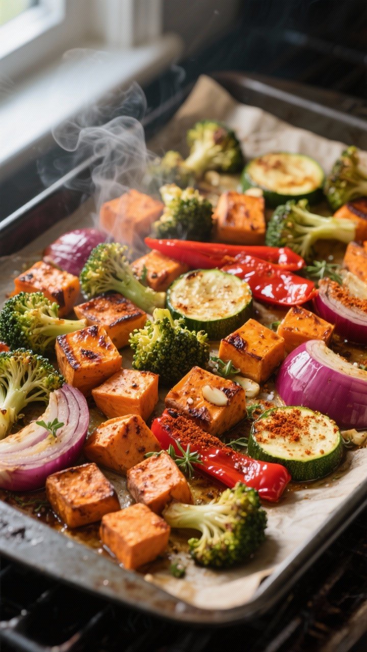 Cooking process: Roasted veggie sheet pan just out of the oven at peak caramelization—cubed sweet