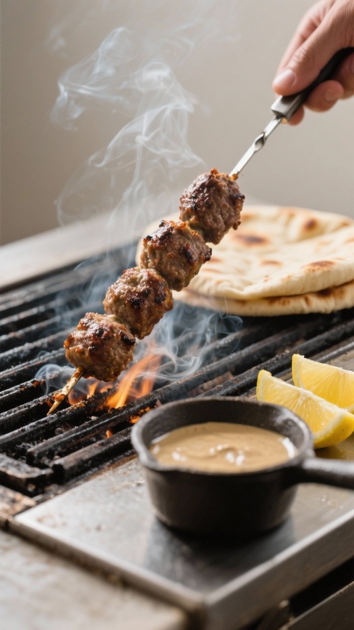 Cooking process shot: Lamb kofta shaped on metal skewers over a preheated grill, mid-turn with perfe