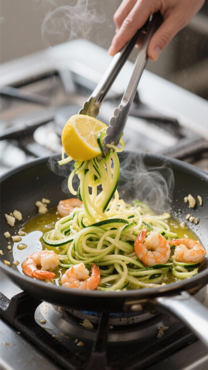 Cooking process: Zucchini noodles being tossed in a hot skillet with melted butter and olive oil, st
