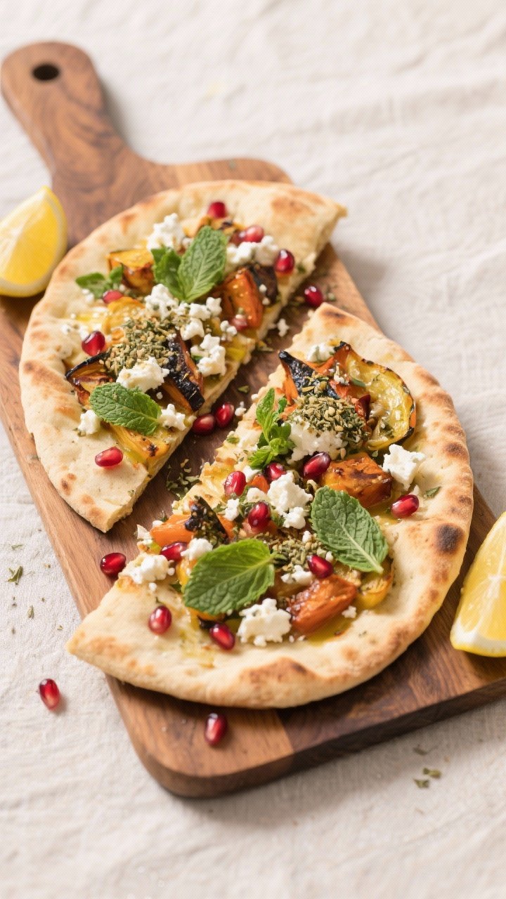 Final dish — Tasty top-view serving board: Overhead hero shot of two flatbreads on a wooden board,