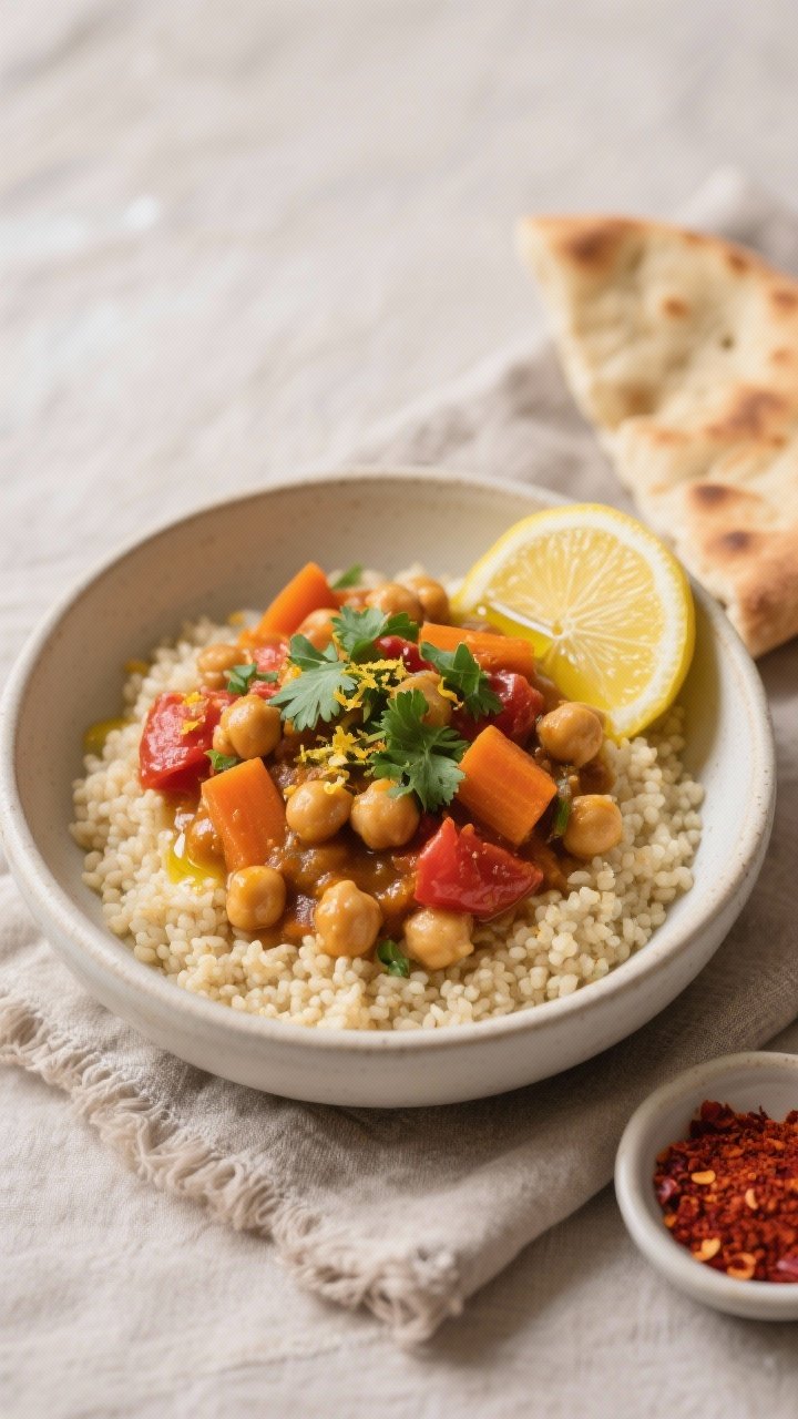 Final plated beauty: Bowl of Moroccan Chickpea Stew served over fluffy couscous, garnished with chop