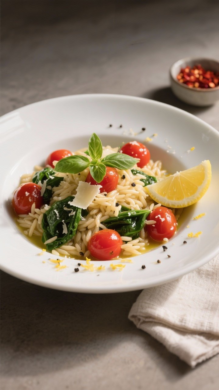 Final plated dish, : Beautifully plated Lemon Basil Orzo with Cherry Tomatoes & Spinach in a low, wi