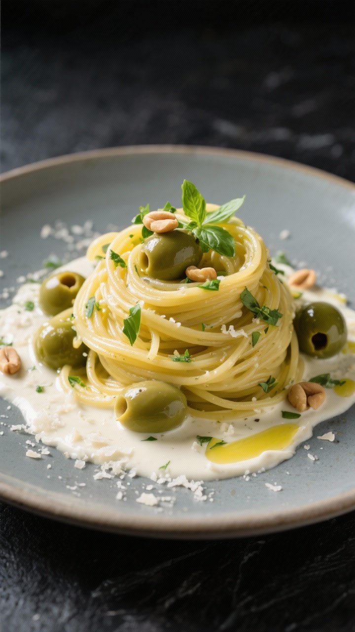 Final plated dish, restaurant presentation: Beautifully plated linguine twirled into a neat nest on 