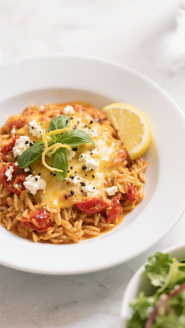 Final plated dish: Restaurant-quality presentation of a generous scoop of Roasted Red Pepper & Feta