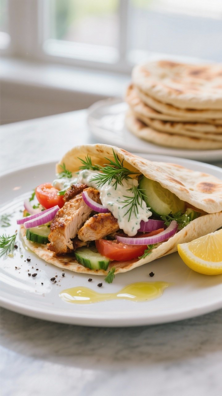 Final plated gyro, beauty shot: A folded chicken gyro on a matte white plate, overflowing with tende