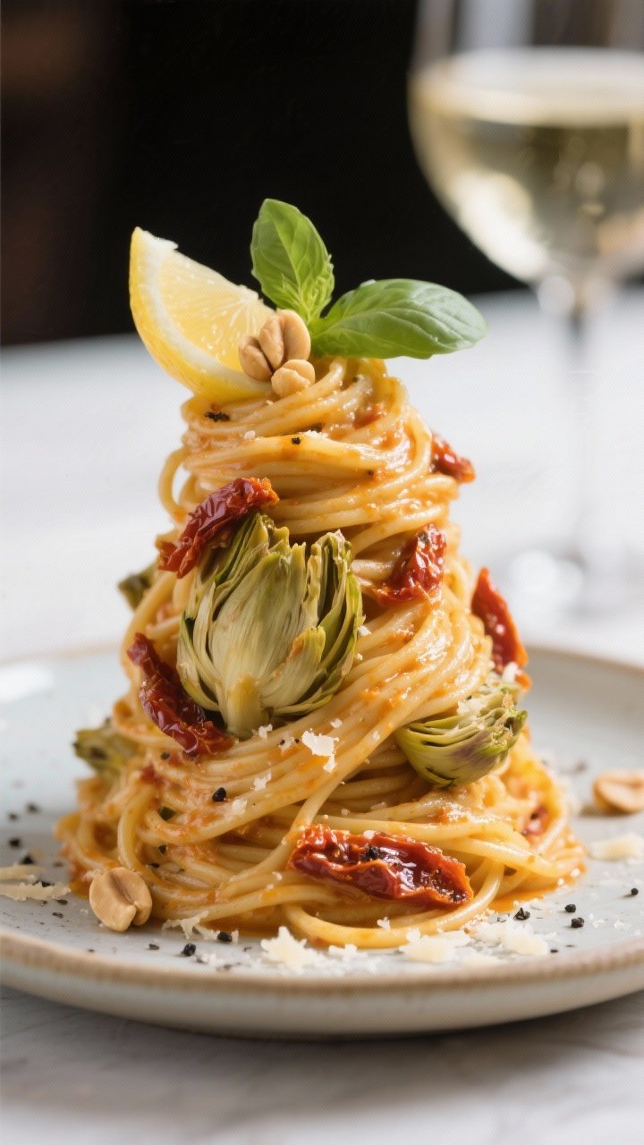 Final plated hero: Beautifully plated Sun-Dried Tomato & Artichoke Pasta twirled into a tall nest on