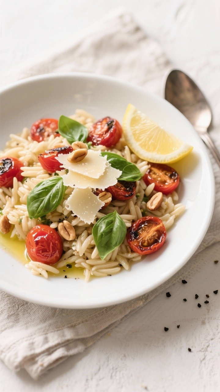 Final plated overhead: Overhead shot of Orzo With Roasted Cherry Tomatoes & Basil Cream in a wide, s