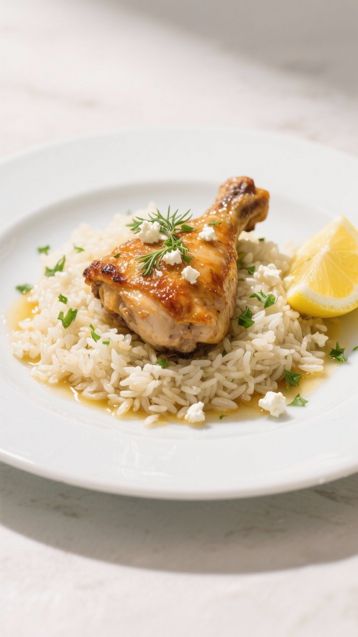 Final plated presentation: Beautifully plated Greek lemon chicken thigh atop a mound of fragrant lem