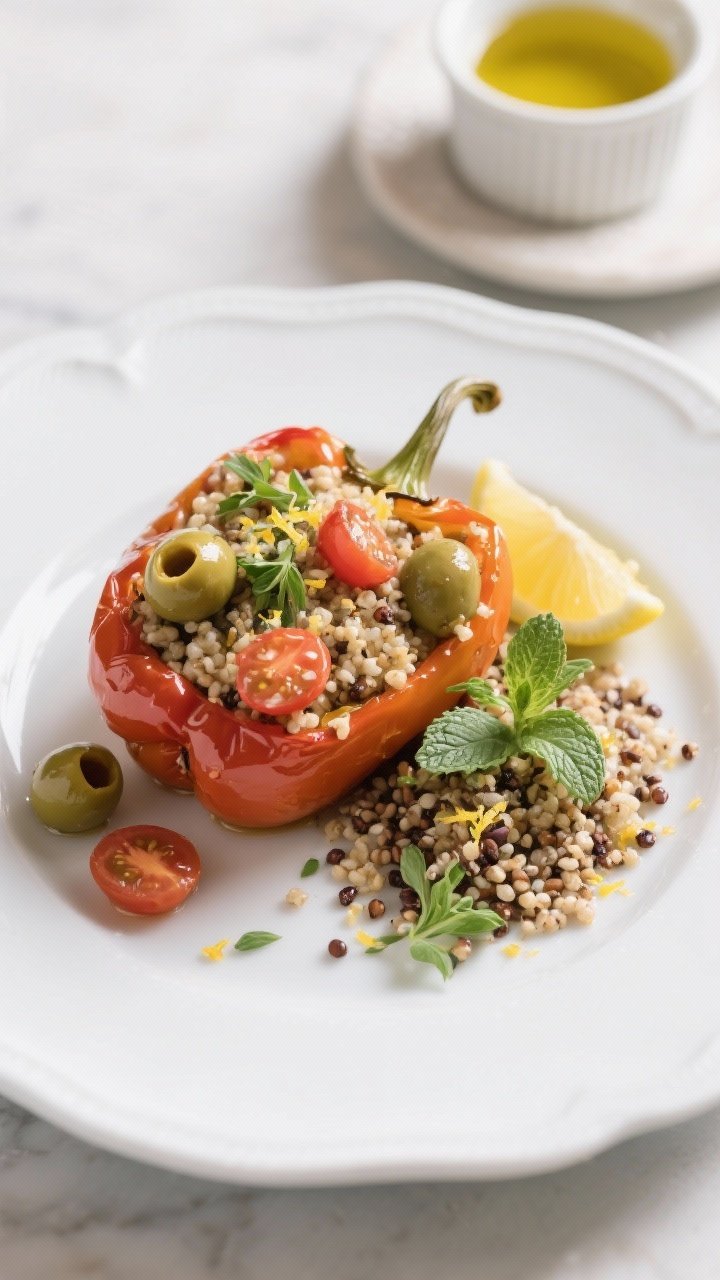 Final plated presentation: beautifully plated Mediterranean stuffed pepper on a white ceramic plate 