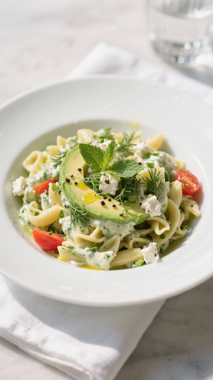 Final presentation: Restaurant-quality plated Creamy Avocado Tzatziki Pasta Salad served chilled, he