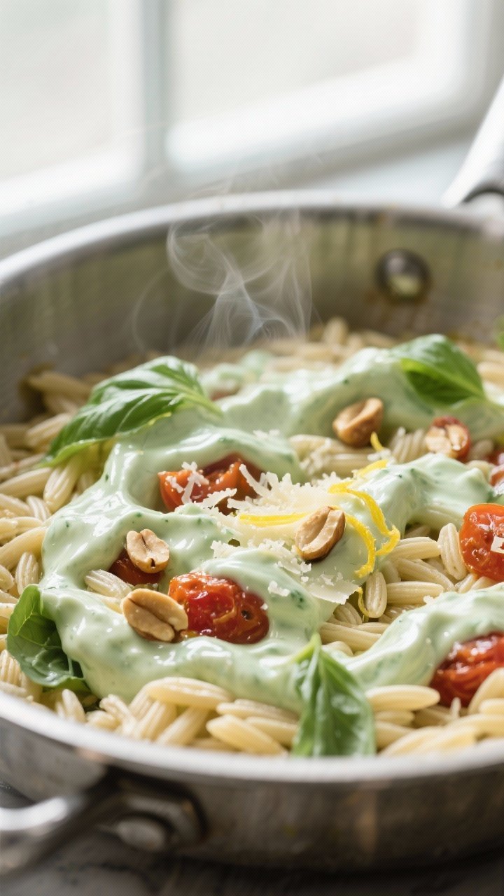 Silky sauce detail: Close-up of orzo being tossed with pale-green basil cream in a wide stainless po