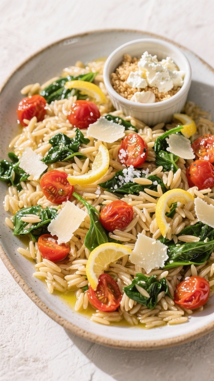 Tasty : Overhead shot of the finished orzo served family-style in a large ceramic platter; orzo loos
