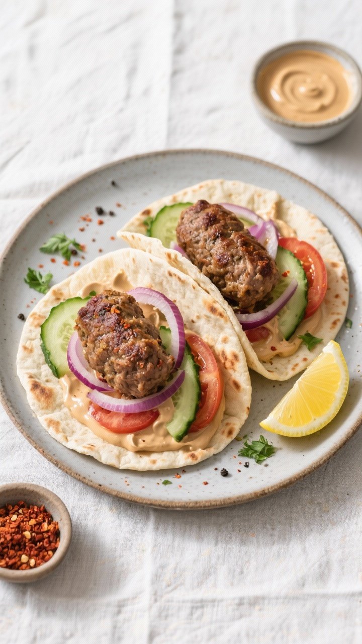 Tasty top-down final presentation: Overhead shot of assembled lamb kofta pita wraps on a matte ceram