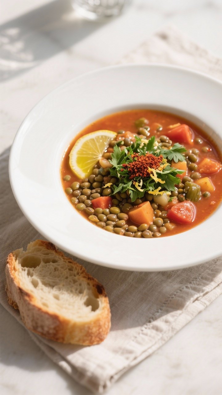 Tasty top view final dish: Overhead shot of a beautifully plated bowl of Mediterranean Lentil Soup w