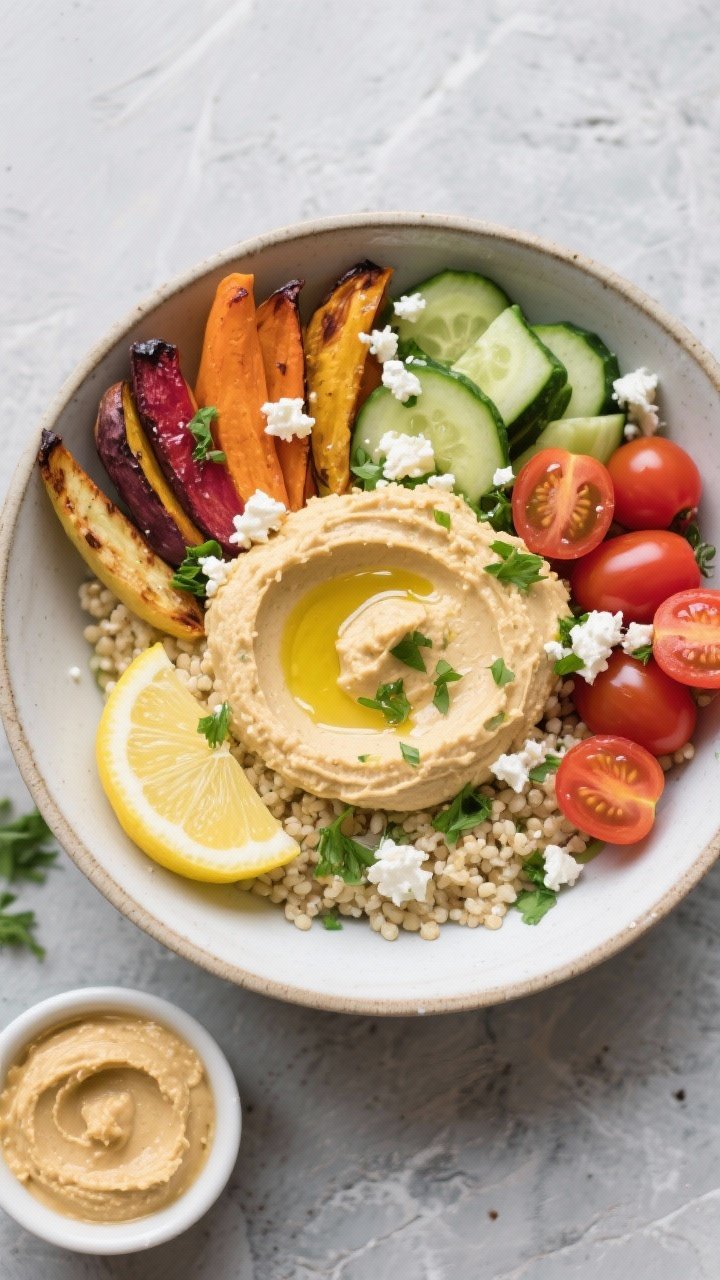 Tasty top view final dish: Overhead shot of assembled Lemon Garlic Hummus Bowl—fluffy quinoa base