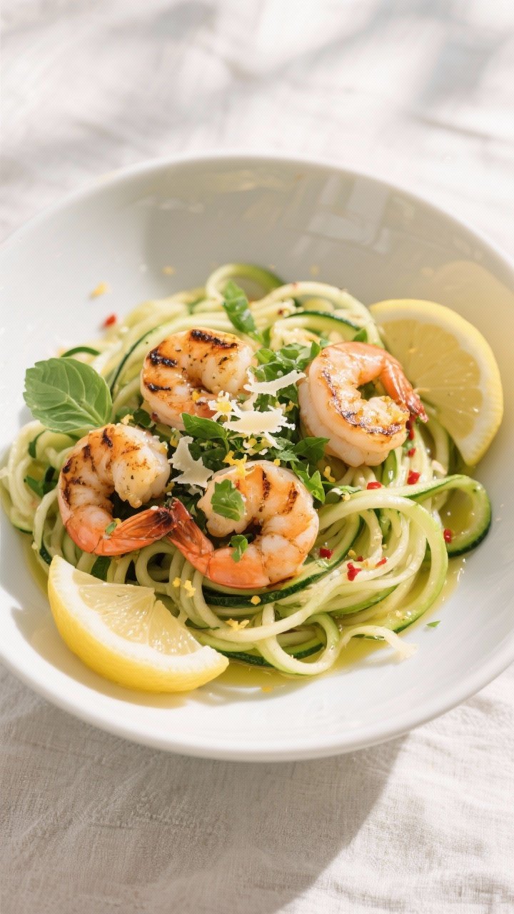 Tasty top view final dish: Overhead shot of Lemon Herb Grilled Shrimp with Zucchini Noodles twirled 