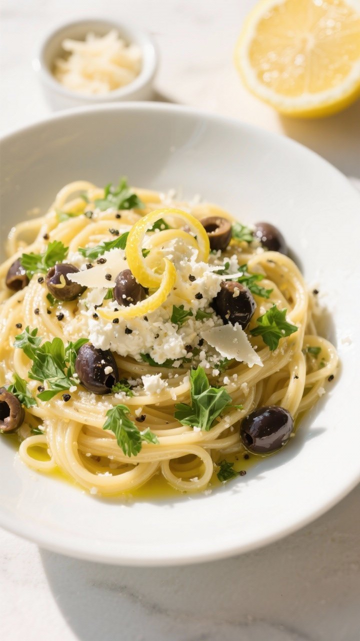 Tasty top view, overhead: Overhead shot of Lemon Ricotta Pasta with Olives & Fresh Herbs in a matte 