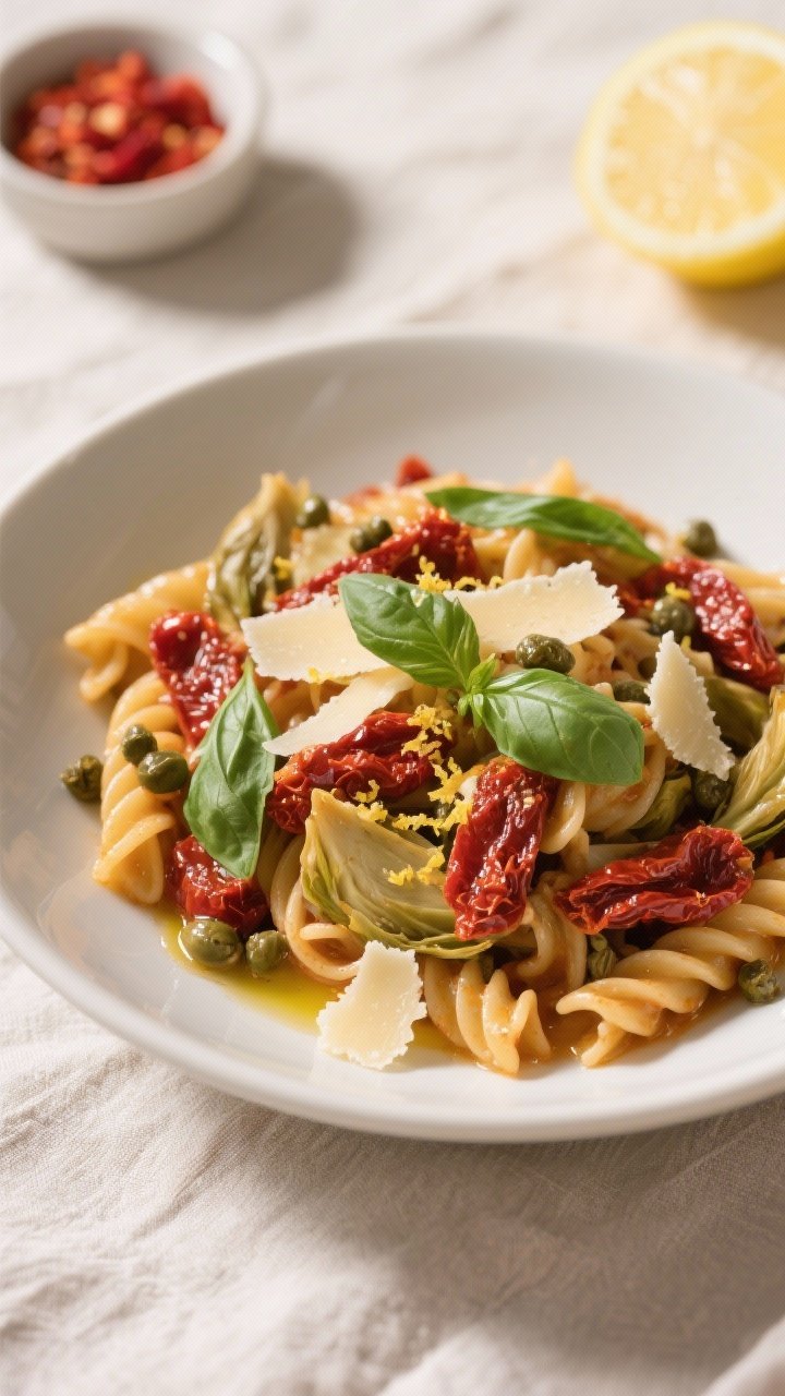 Tasty top view: Overhead shot of Sun-Dried Tomato & Artichoke Pasta just finished off-heat with lemo