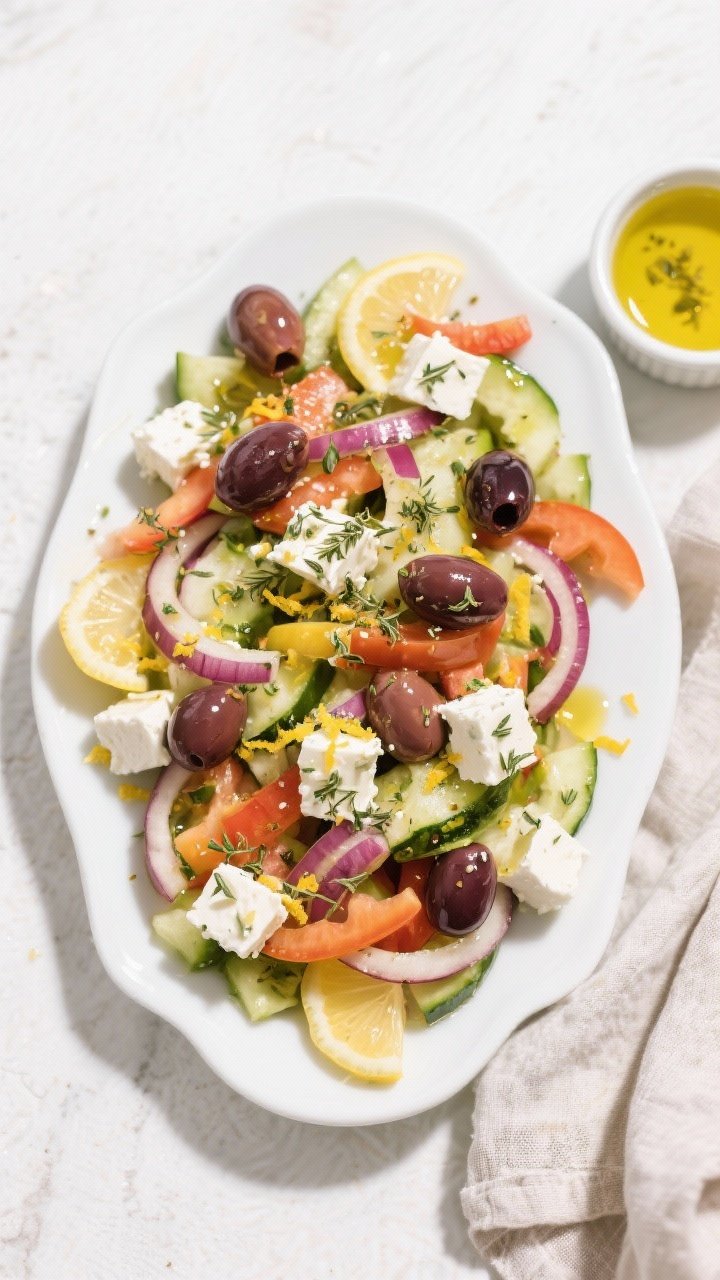 Tasty top view: Overhead shot of the finished Easy Greek Salad plated for serving — an abundant sp