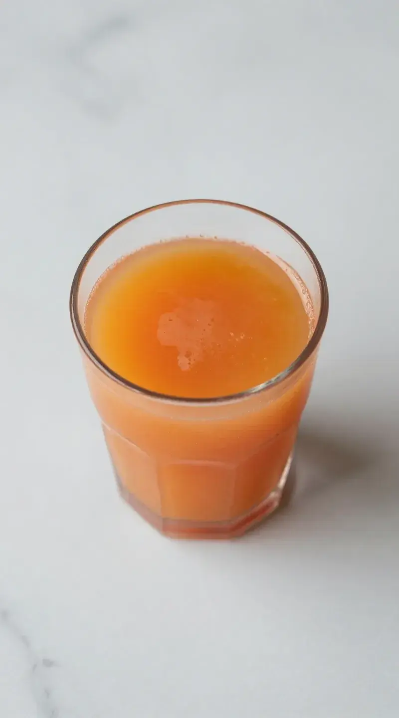 Top view glass of orange-grapefruit juice, minimal marble