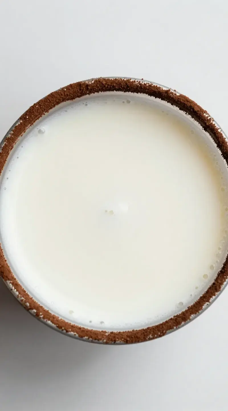 Overhead almond milk carton with cocoa powder dusted rim