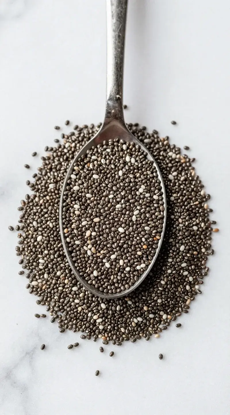 Top-down spoonful of swollen chia seeds on marble background