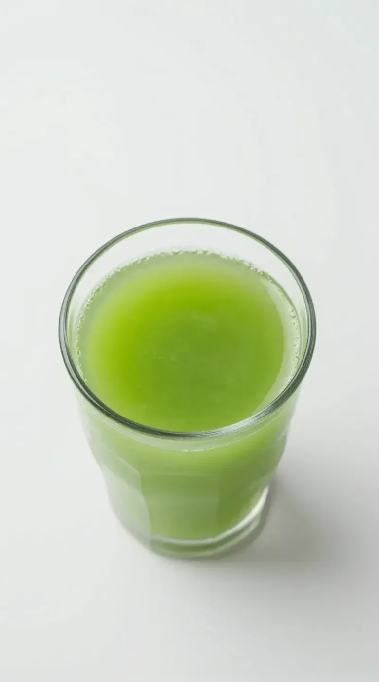 Top view glass of green apple celery juice, minimalist backdrop