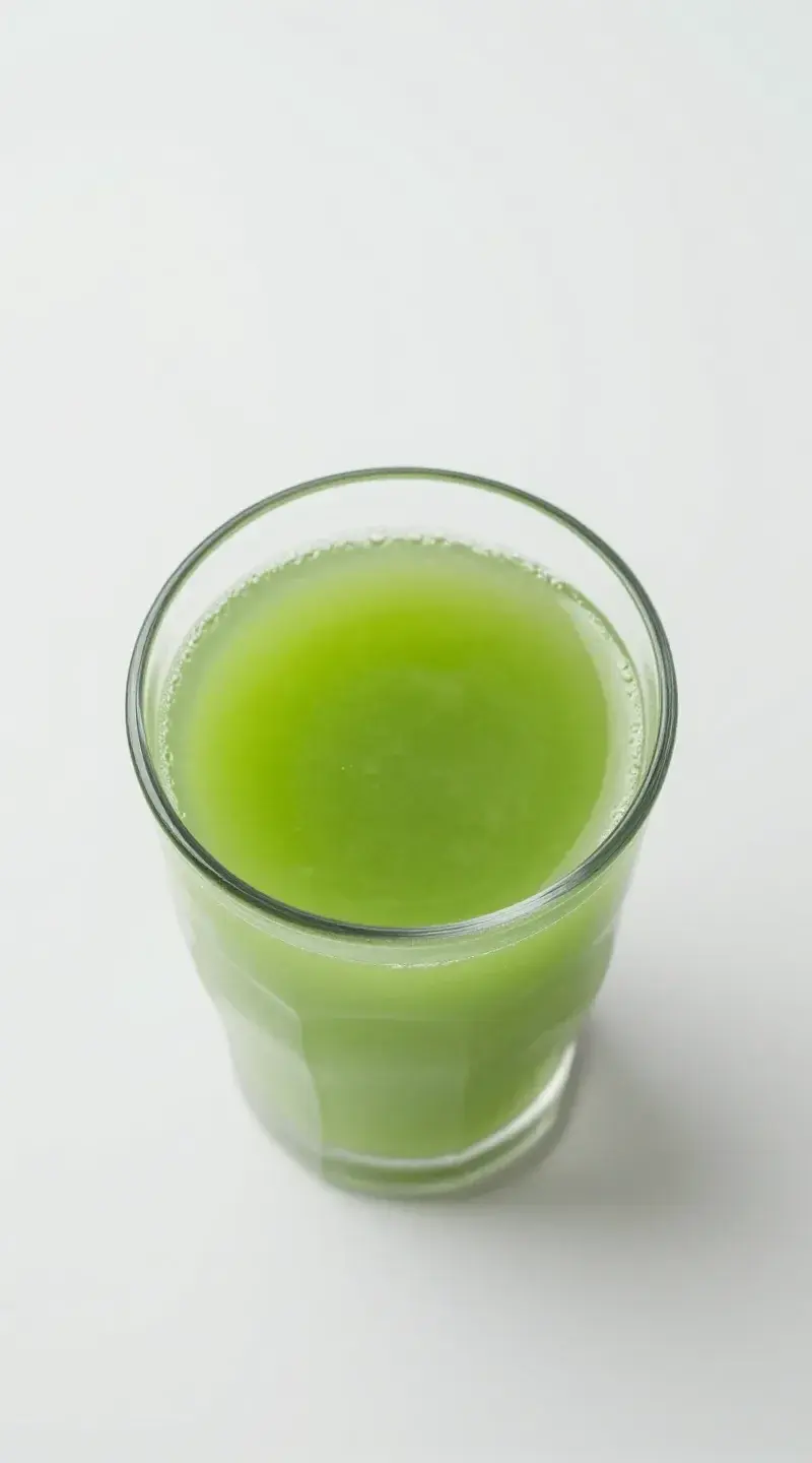 Top view glass of green apple celery juice, minimalist backdrop