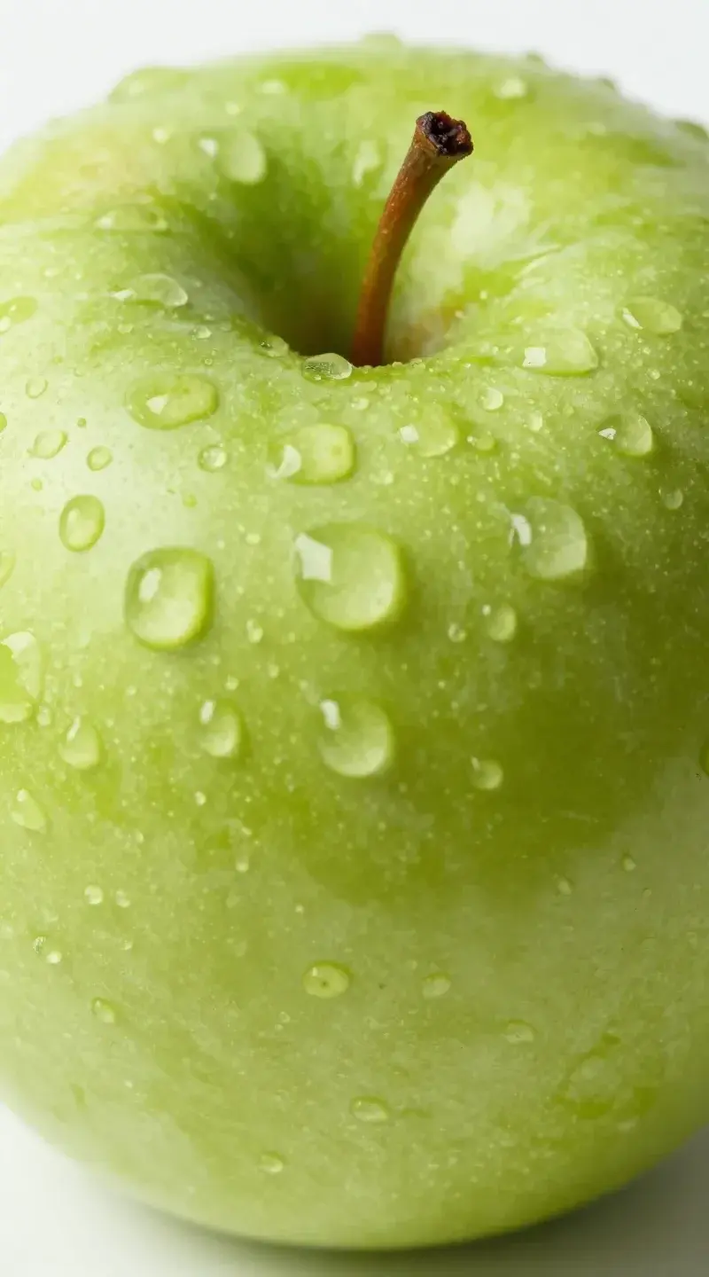 Closeup top view single Granny Smith apple, water droplets