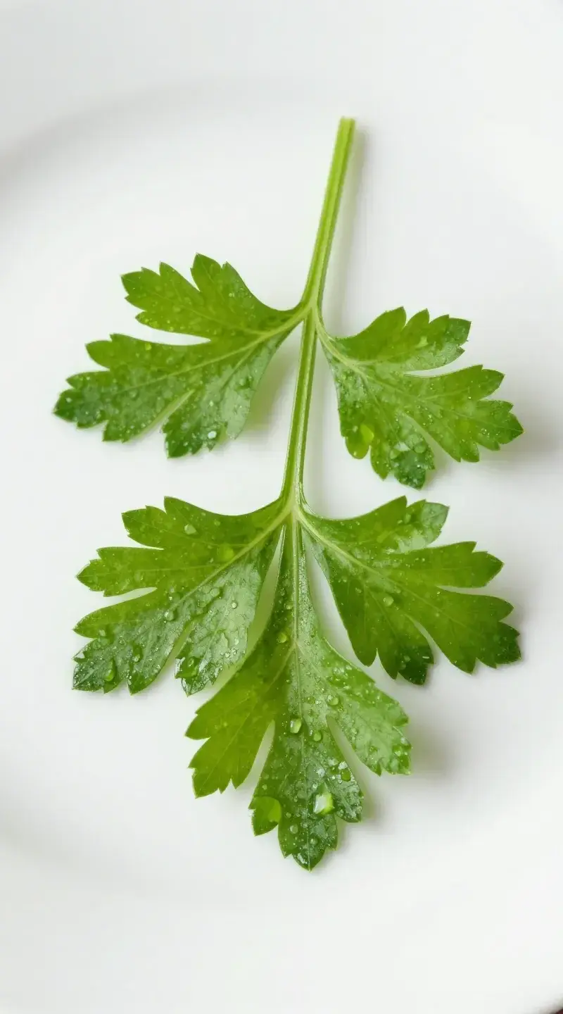 Overhead macro of fresh parsley sprig, dewy on white plate
