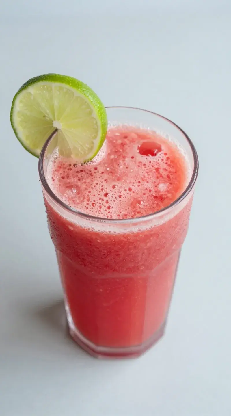 Top view glass of watermelon juice with lime wheel