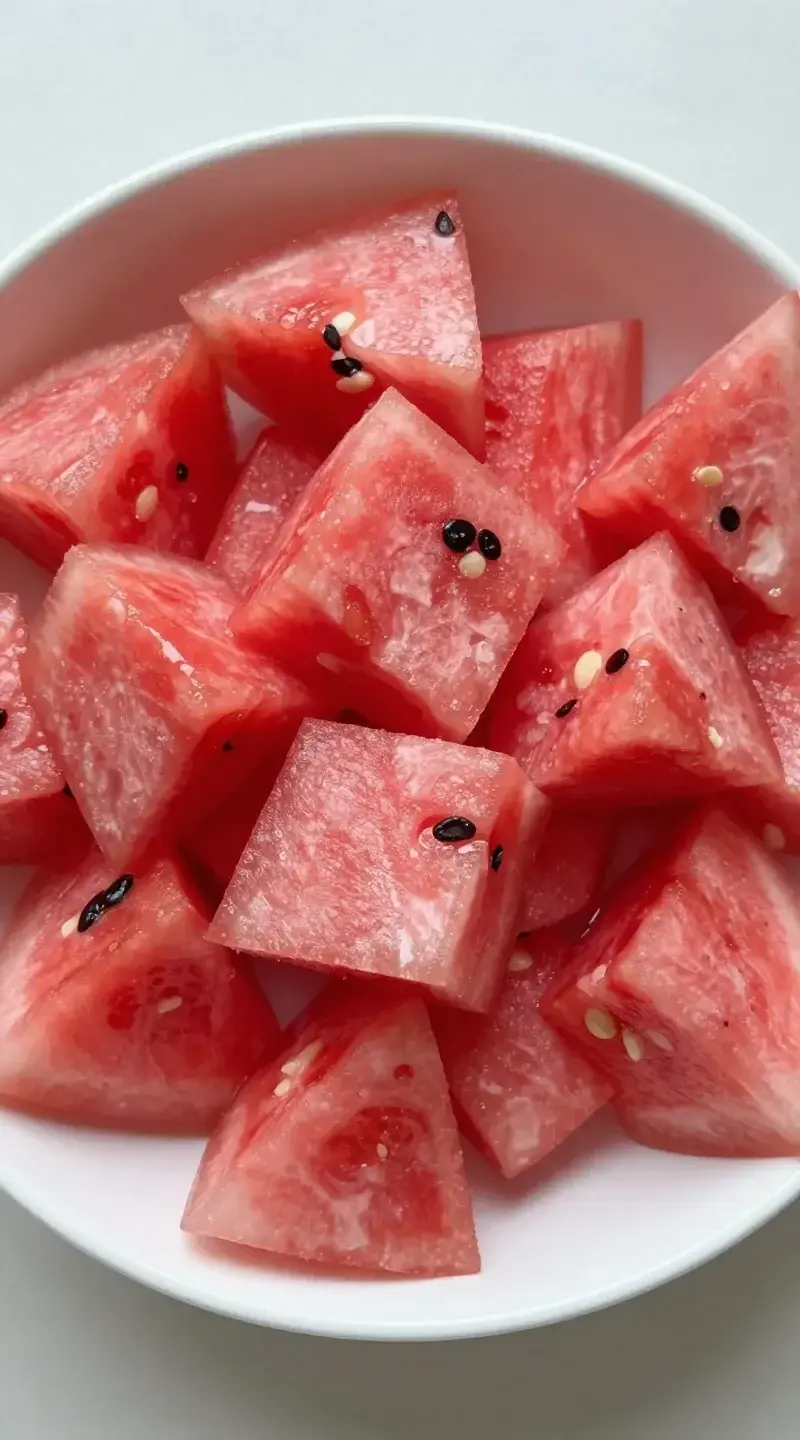 Overhead shot of chilled watermelon cubes in white bowl
