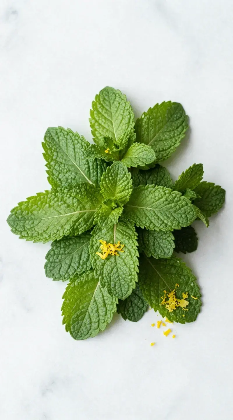 Top view muddled mint leaves on marble with lime zest