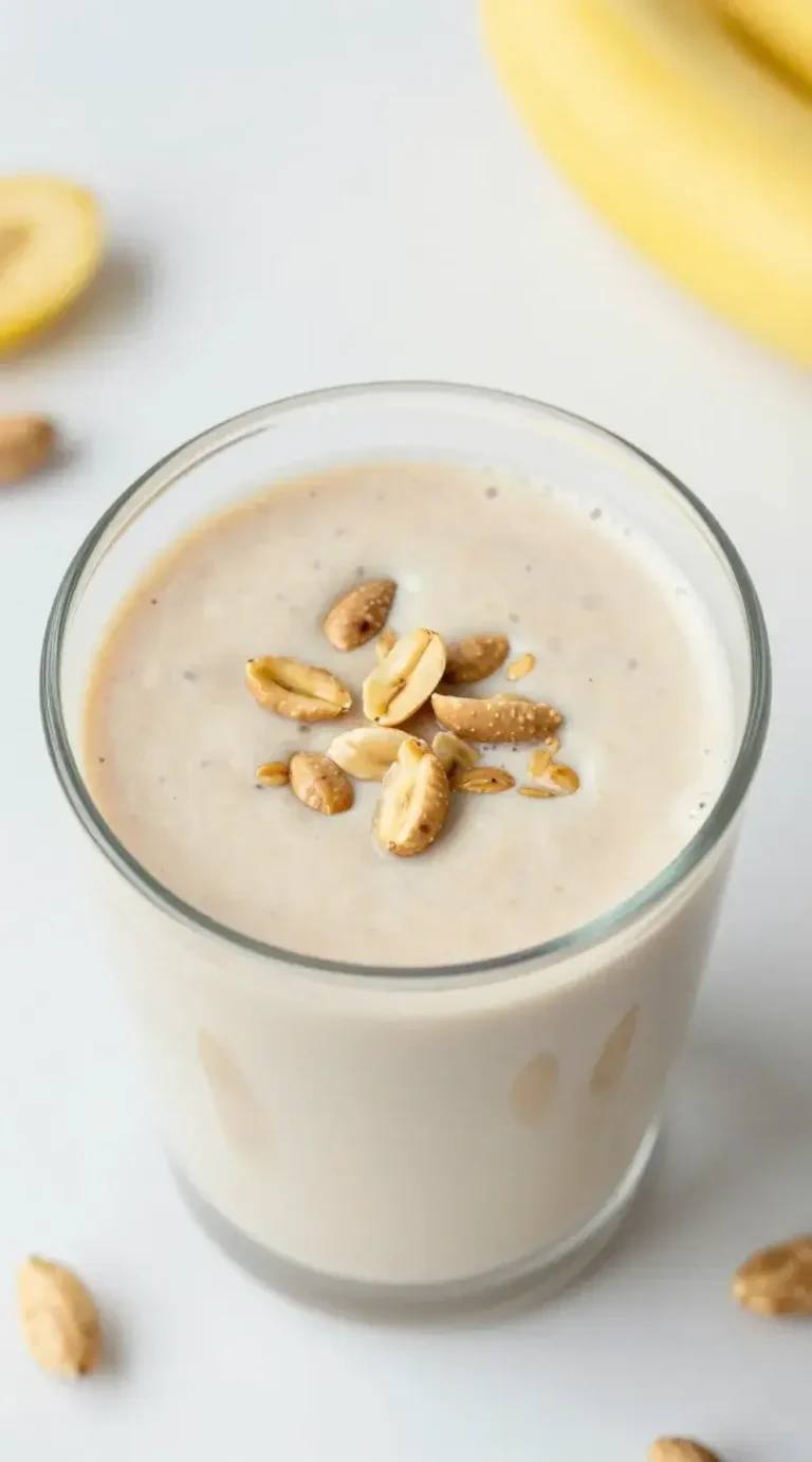 top view creamy banana peanut butter oat smoothie in glass