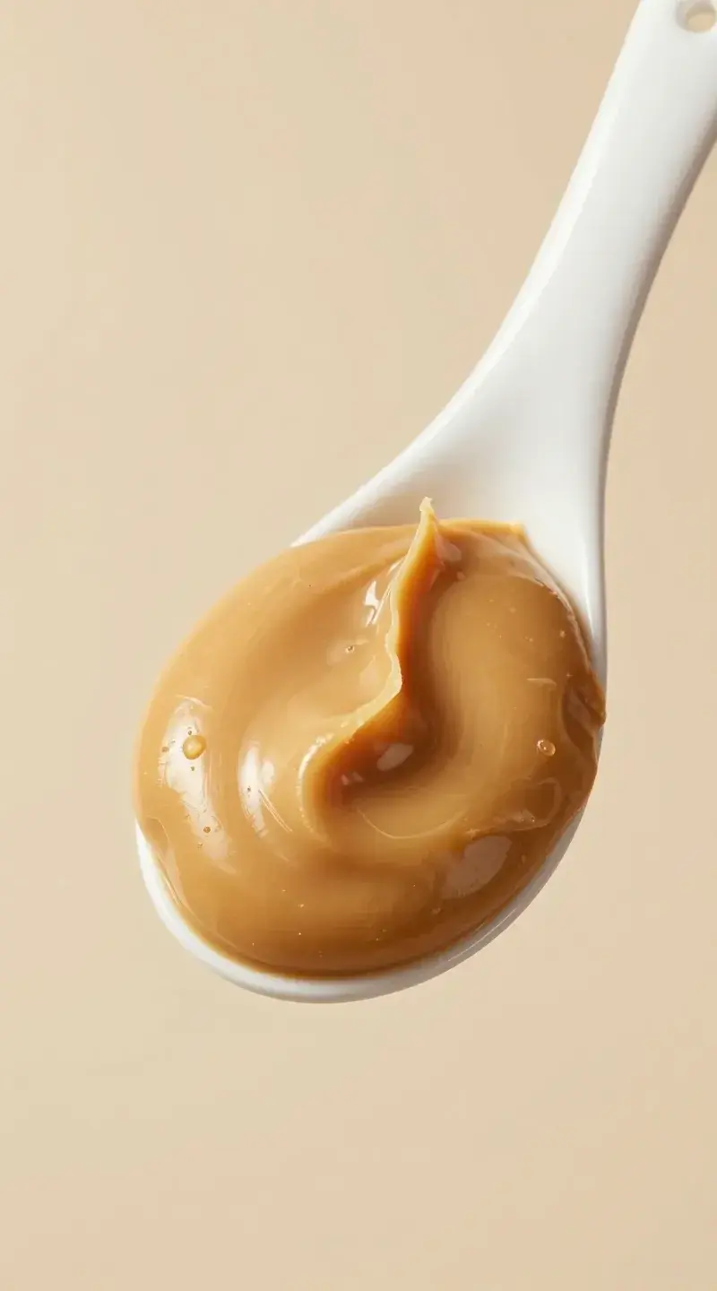 overhead scoop of creamy peanut butter on white ceramic spoon