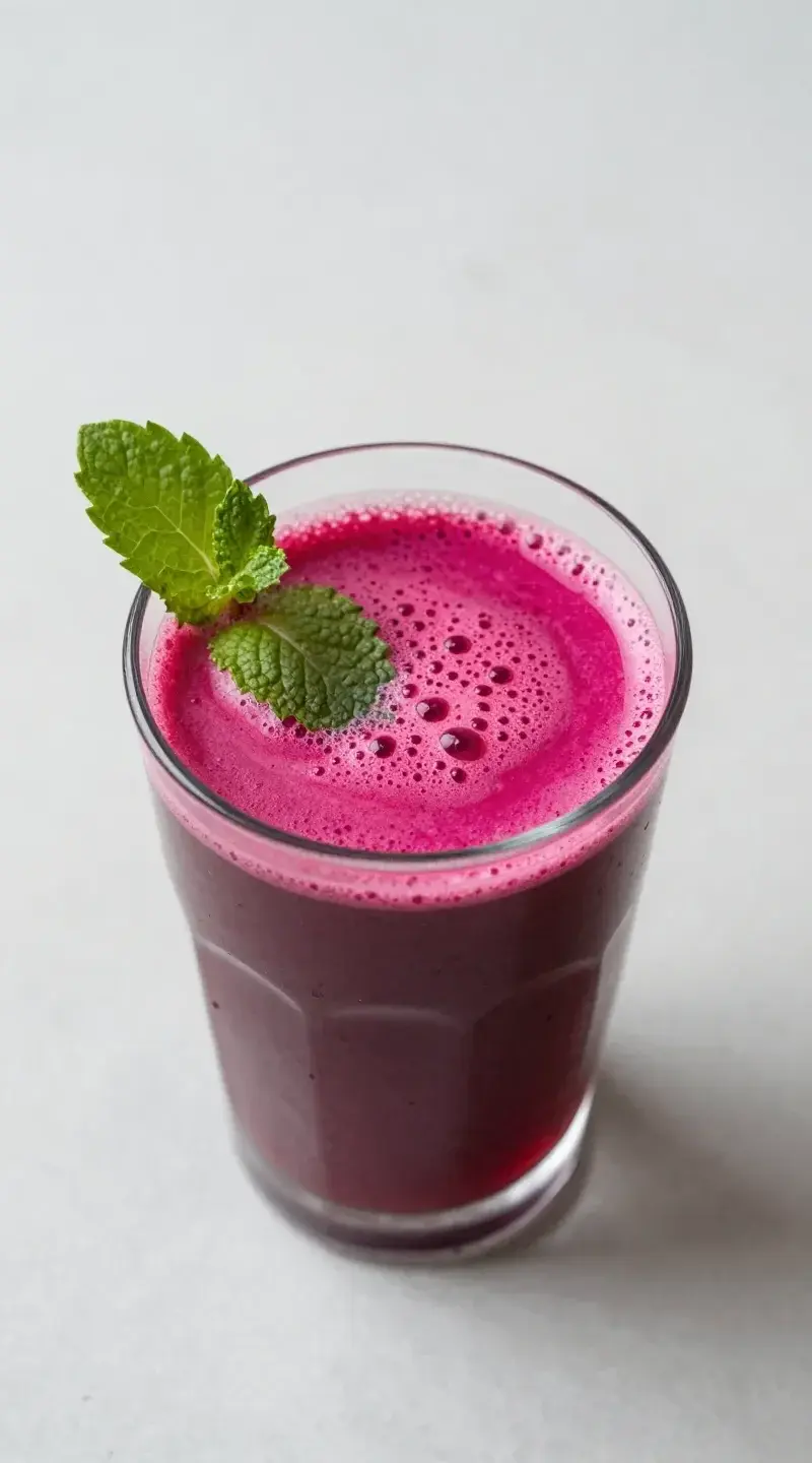 top view beetroot energy juice in clear glass, mint garnish