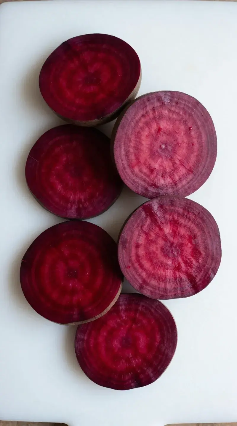 top view peeled beetroot slices on white cutting board