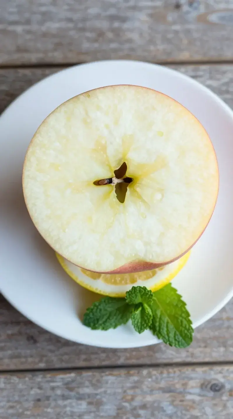 top view apple, lemon wedge, and mint garnish on saucer