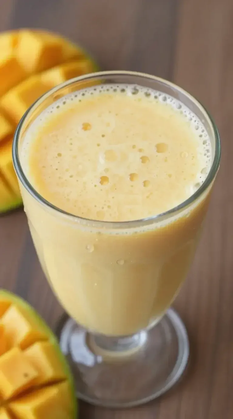 top view mango pineapple smoothie in clear glass, coconut water droplets