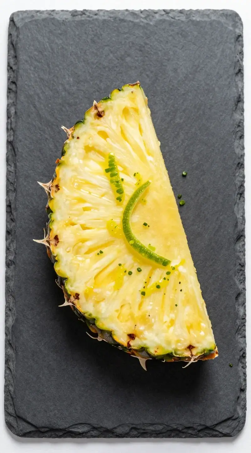 top view pineapple wedge with lime zest garnish on slate plate