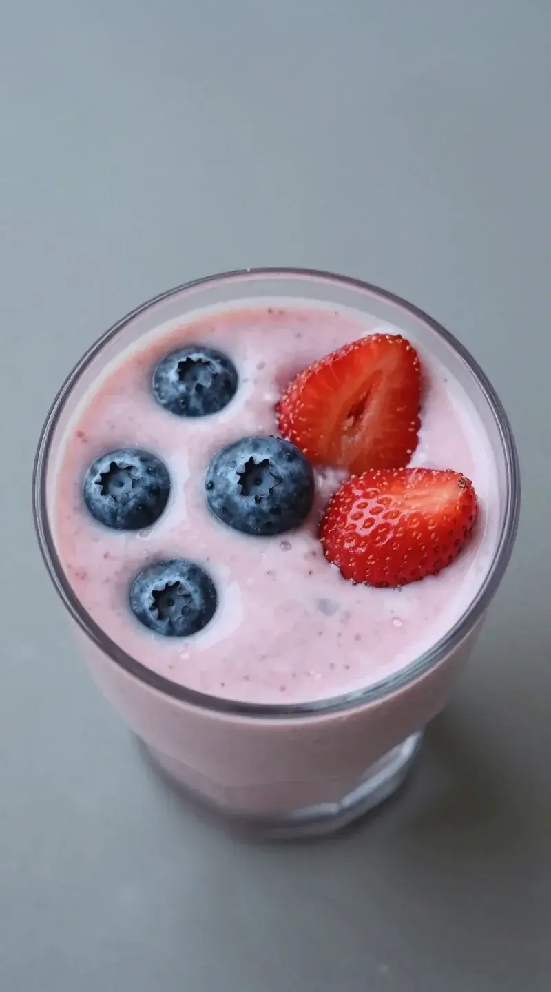 Top view blueberry-strawberry yogurt smoothie in glass