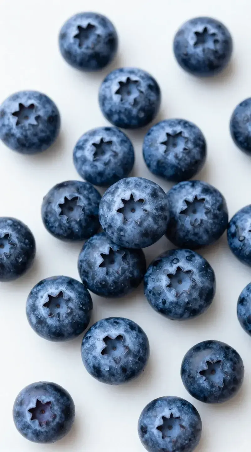 Overhead closeup of blueberries on white marble