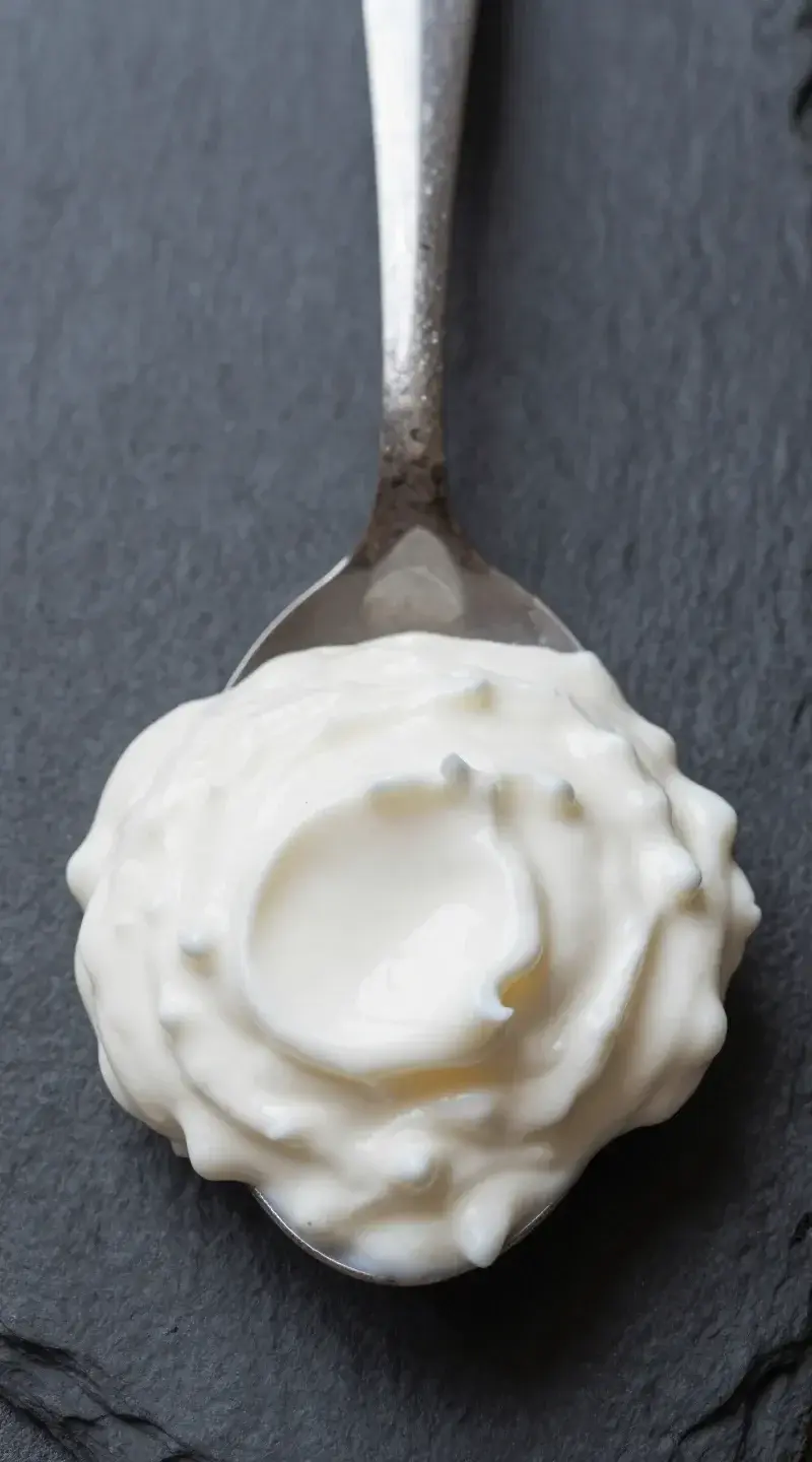 Top view spoonful of thick Greek yogurt on slate