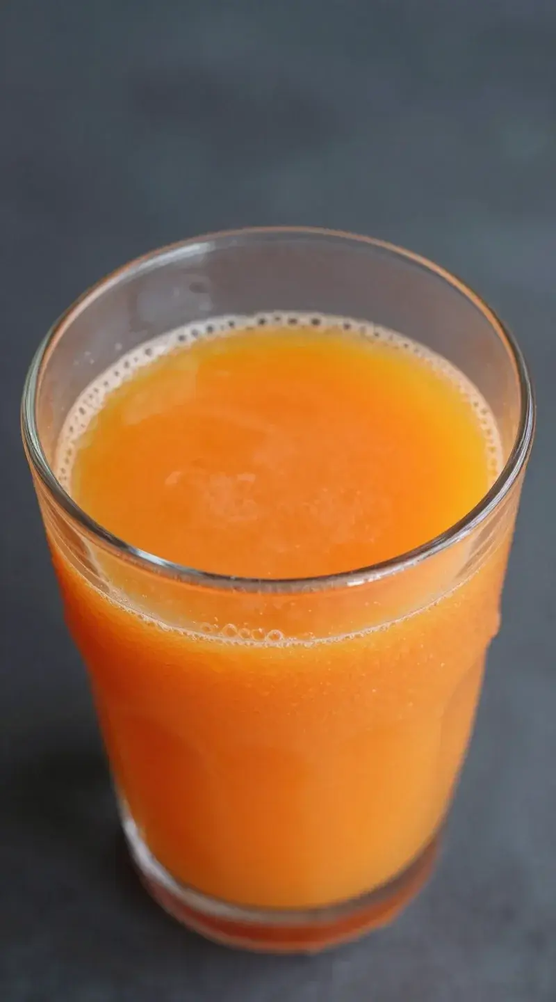 Top view glass of carrot ginger orange juice, condensation