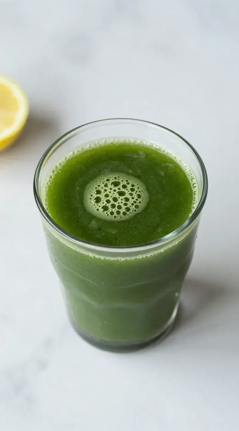 Top view glass of spinach-cucumber-lemon juice on marble