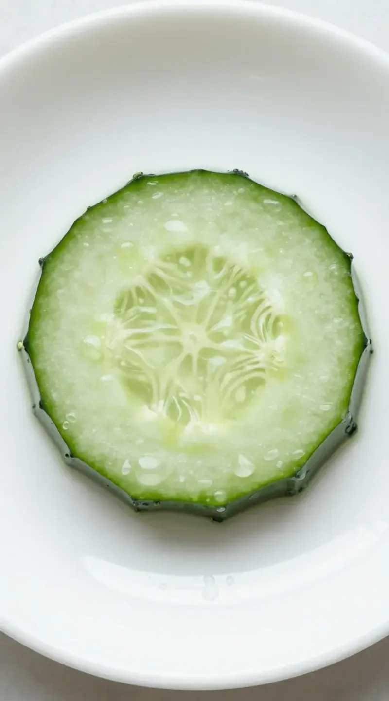 Top view cucumber slice with condensation on white ceramic plate