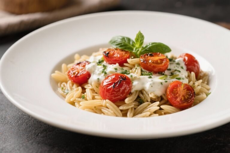 Orzo With Roasted Cherry Tomatoes & Basil Cream – Simple, Fresh, and Comforting